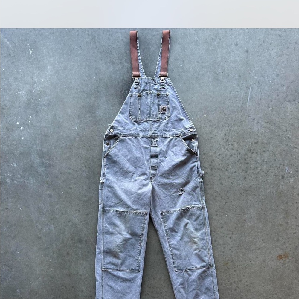 Vintage Carhartt; Gray Overalls with Brown Straps
